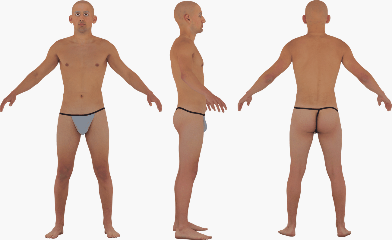 PBR texture map set for a lean male 3D scan including Albedo, Normals, Specular, Metalness, and Diffuse at 16K